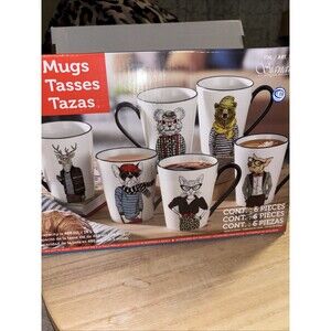Signature Hipster Animals Coffee Mug Set of 6 Stoneware Large 16.5 oz NIB